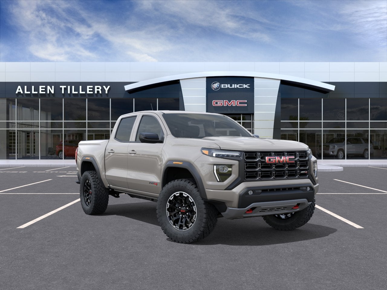 2026 GMC Canyon AT4 in Coastal Dune — front three-quarter view