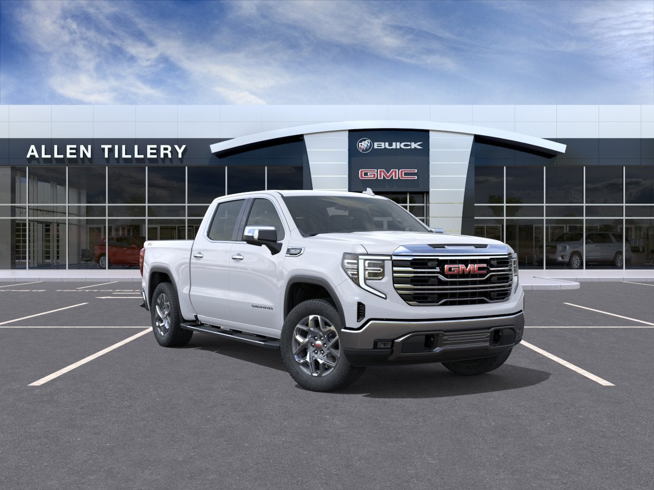 2026 GMC Sierra 1500 SLT in Summit White — front three-quarter view